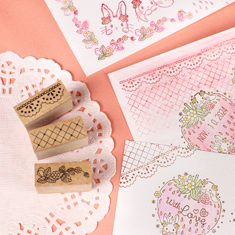 ラブリーなミニミニスタンプ 3点セット】レースや格子柄イチゴ 手帳や