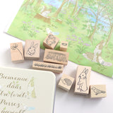 【スタンプ9点セット】年賀状やクリスマスカードポストカードにも うさぎやかわいい動物と草花のスタンプ 手帳 付箋はんこ うさぎ2種・小鳥・リス・ハリネズミ・四つ葉のクローバー・切り株・草むら・ドングリ 子供 習い事 勉強 塾 えくりゅの森