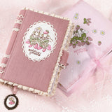 【システム手帳 ミニ6穴 栞付き】レースとうさぎイチゴ クロスステッチ刺繍のアンティークな手帳★シール帳にも：ハンドメイド