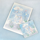 ポストカード・ステッカー：ブルー系ゆめかわバージョン うさぎ たれ耳うさぎ 星や月 雲 可愛い