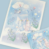 ポストカード・ステッカー：ブルー系ゆめかわバージョン うさぎ たれ耳うさぎ 星や月 雲 可愛い