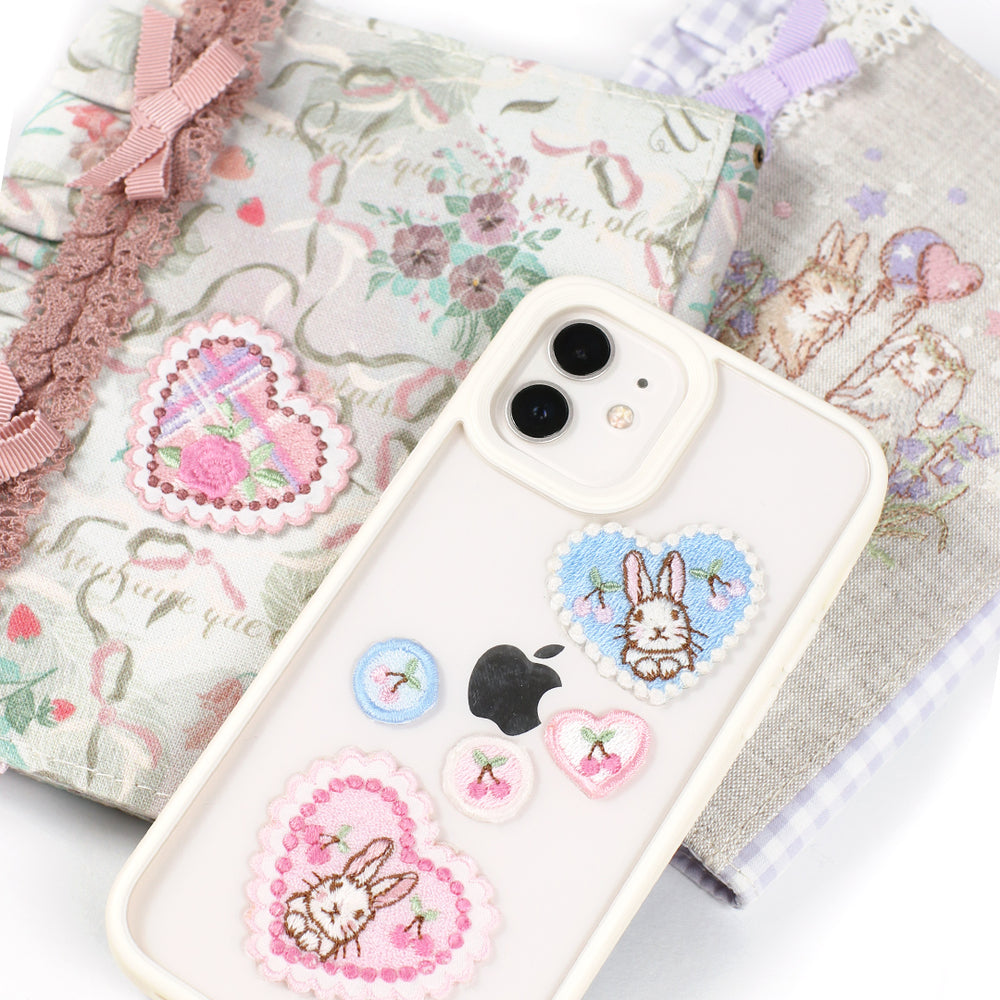 【2way 刺繡ワッペン：5点セット】うさぎ花柄 ハート, シールでもアイロンでも, さくらんぼ ピンク 水色 刺しゅう  手帳やブックカバースマホや洋服バッグに