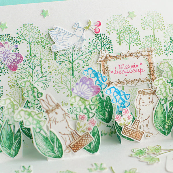 【羽ばたく小鳥スタンプセット】小鳥 バスケット かご えくりゅの森　花祭りシリーズ 年賀状・クリスマスカード ポストカードにも はんこ 手帳付箋　カード作り ポップアップカード