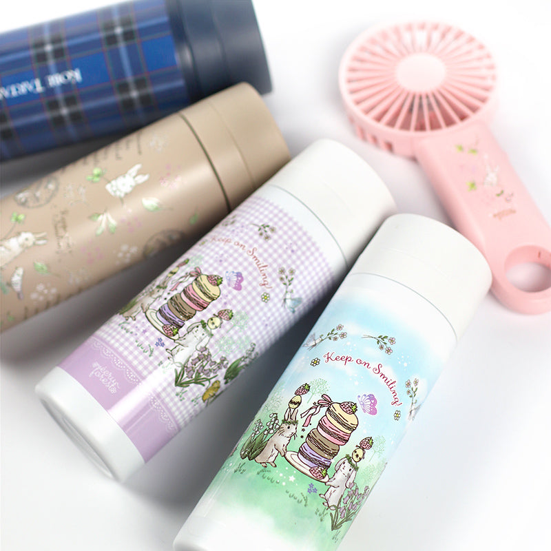 【スリムサーモステンレスボトル・カラビナ付きハンディファン】300ml, 500ml　うさぎイラスト、神戸タータン