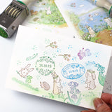 【クローバーの丸い日付印・楕円形の日付印　うさぎとお花】森の動物たち 日付スタンプ  SANBY×えくりゅの森  手帳デコノート日記手紙 可愛いお揃い収納缶も サンビー社製 日付回転印 はんこ