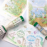 【クローバーの丸い日付印・楕円形の日付印　うさぎとお花】森の動物たち 日付スタンプ  SANBY×えくりゅの森  手帳デコノート日記手紙 可愛いお揃い収納缶も サンビー社製 日付回転印 はんこ