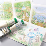 【クローバーの丸い日付印・楕円形の日付印　うさぎとお花】森の動物たち 日付スタンプ  SANBY×えくりゅの森  手帳デコノート日記手紙 可愛いお揃い収納缶も サンビー社製 日付回転印 はんこ