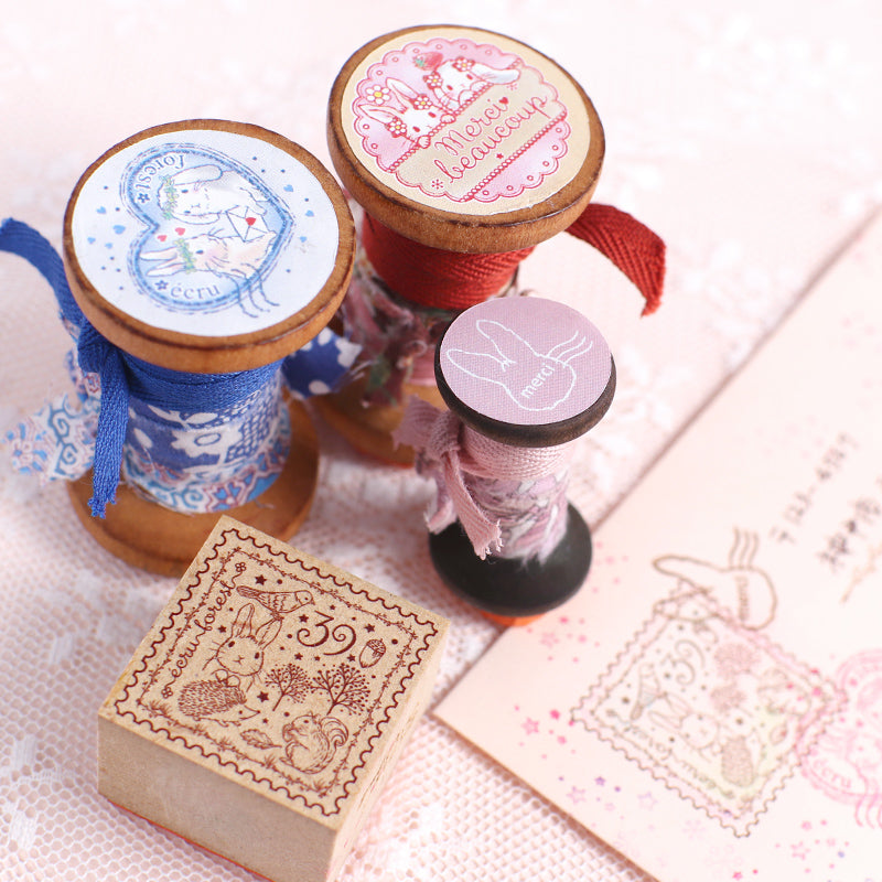 おめかしスタンプ4点セット+シール】切手風・ハートうさぎ消印風