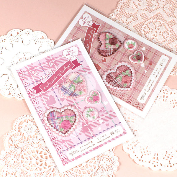 Rose Floral Tartan Check 2-way Heart Embroidery Patch 4-piece Set Can be used as a sticker or iron-on<br> <span>Rose embroidery for notebooks, book covers, smartphones, clothing bags</span>