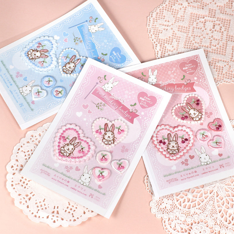 【2way 刺繡ワッペン：5点セット】うさぎ花柄 ハート<br>シールでもアイロンでも<br><span>さくらんぼ ピンク 水色 刺しゅう 手帳やブックカバースマホや洋服バッグに</span>