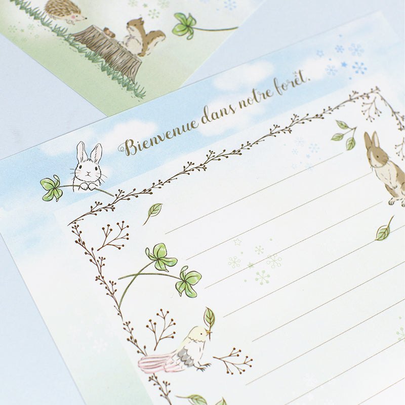 レターセット：えくりゅの森シリーズ お手紙に：便箋・封筒・宛名シール うさぎとリスやハリネズミ 動物 四つ葉のクローバー 森の風景 手帳デコにも