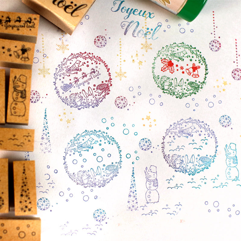 冬限定・数量限定：クリスマス冬風景【ミニミニスタンプ】クリスマスカードに日付回転印に組み合わせも サンタクロース トナカイ ソリ 雪だるま 雪の結晶 ベル ヒイラギ フランス語メリークリスマス　手帳 封筒 メッセージカード