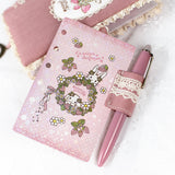 予約販売【システム手帳 ミニ6穴 栞付き】レースとうさぎイチゴ クロスステッチ刺繍のアンティークな手帳：ハンドメイド