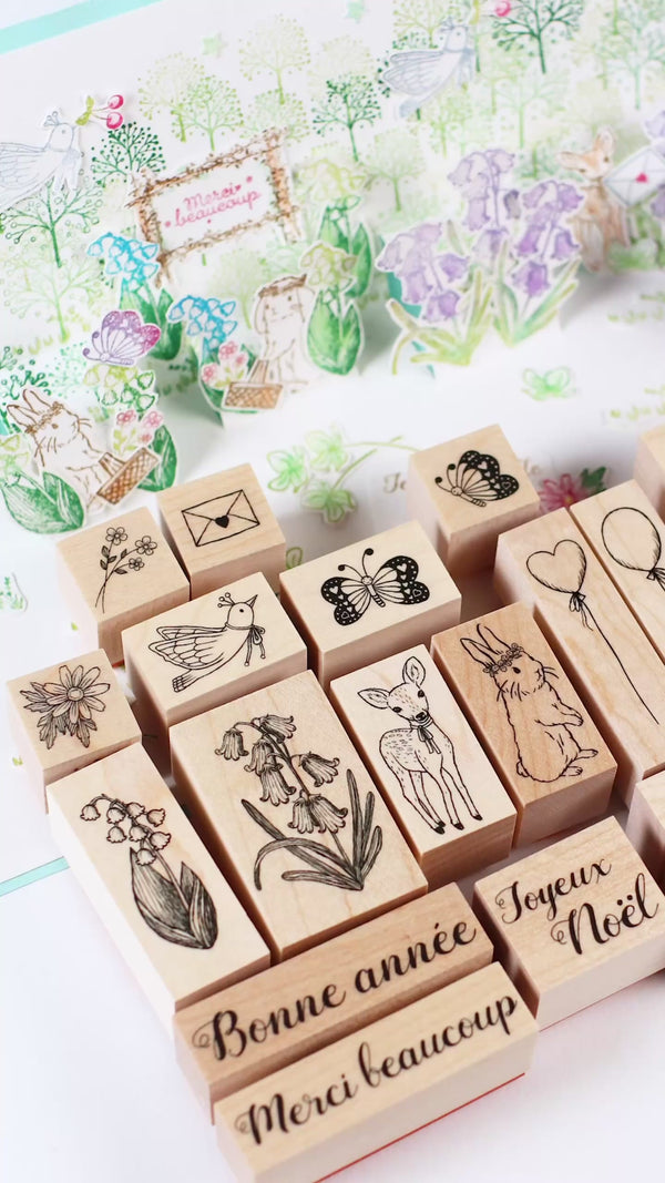 えくりゅの森 花祭りシリーズ【スタンプフルセット23～27点】箱付きも年賀状・クリスマスカードポストカードにもうさぎ動物 草花23点フランス語4点垂れ耳うさぎ 鹿 小鳥ブルーベル スズラン お花はんこ 手帳付箋バレットジャーナル