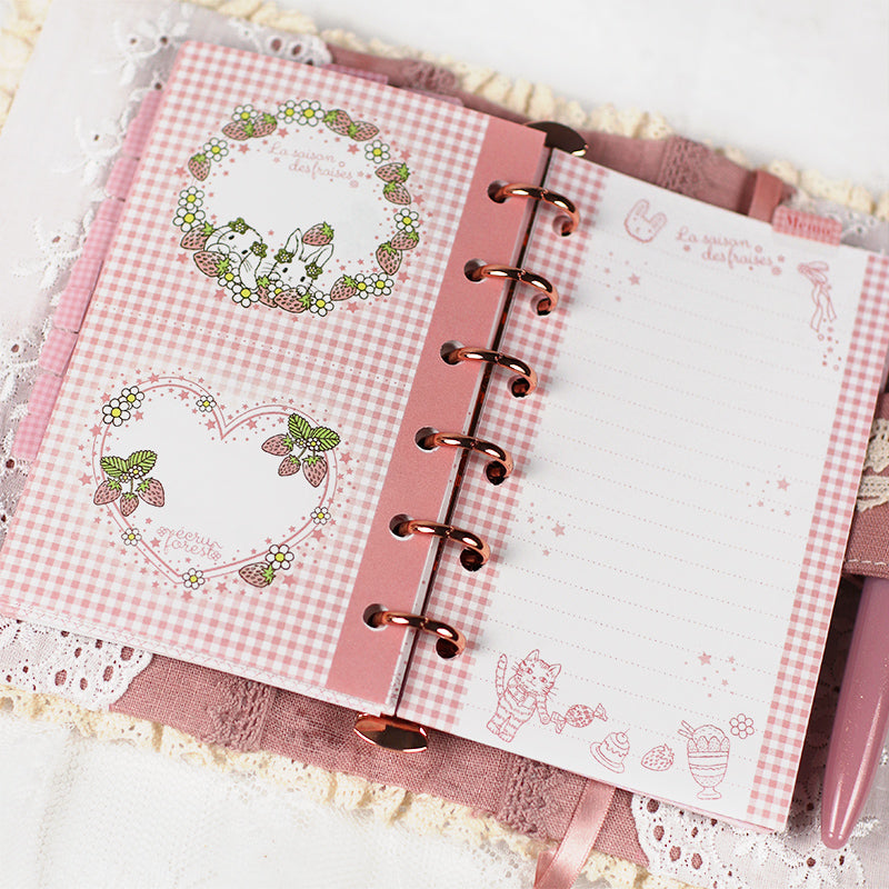 イチゴとうさぎ★レフィルセット ピンク<br>【ミニ6穴 】システム手帳<br><span>可愛い 月間マンスリー・週間ウィークリー・メモ：万年筆にも  イチゴ　たれ耳うさぎ</span>