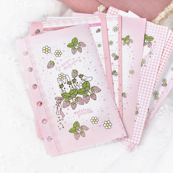 イチゴとうさぎ★レフィルセット ピンク<br>【ミニ6穴 】システム手帳<br><span>可愛い 月間マンスリー・週間ウィークリー・メモ：万年筆にも  イチゴ　たれ耳うさぎ</span>