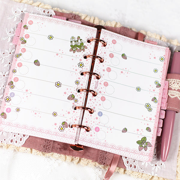 イチゴとうさぎ★レフィルセット ピンク<br>【ミニ6穴 】システム手帳<br><span>可愛い 月間マンスリー・週間ウィークリー・メモ：万年筆にも  イチゴ　たれ耳うさぎ</span>