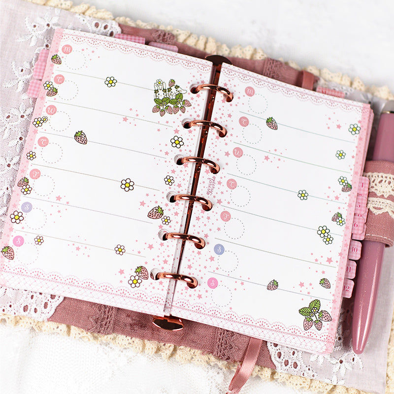 イチゴとうさぎ★レフィルセット ピンク<br>【ミニ6穴 】システム手帳<br><span>可愛い 月間マンスリー・週間ウィークリー・メモ：万年筆にも  イチゴ　たれ耳うさぎ</span>