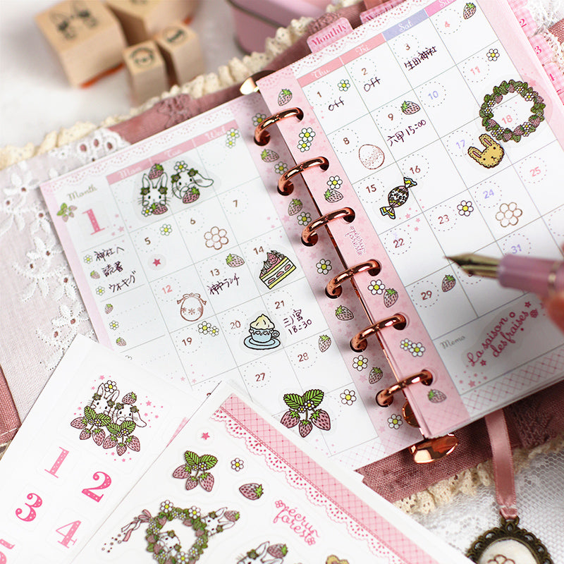 イチゴとうさぎ：シール二種類★インデックスシール・透明シール ピンク★イチゴの季節シリーズ システム手帳に 手帳デコ コラージュ ステッカー 手帳とお揃い うさぎ・垂れ耳うさぎ