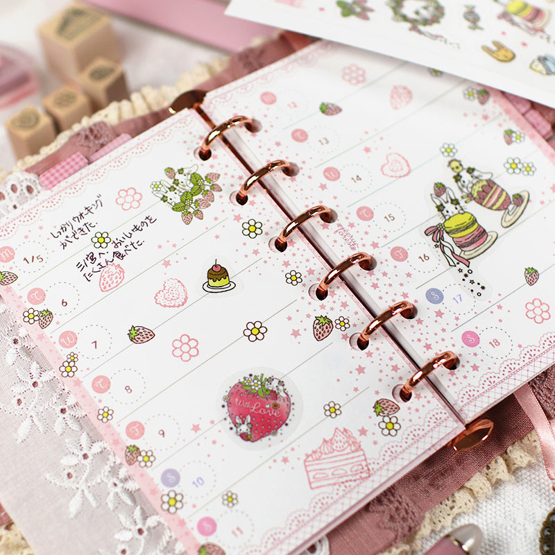 イチゴとうさぎ：シール二種類★インデックスシール・透明シール ピンク★イチゴの季節シリーズ システム手帳に 手帳デコ コラージュ ステッカー 手帳とお揃い うさぎ・垂れ耳うさぎ
