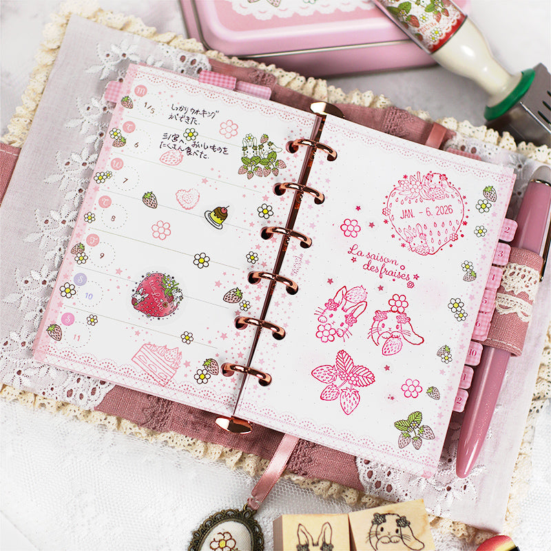 イチゴとうさぎ★レフィルセット ピンク<br>【ミニ6穴 】システム手帳<br><span>可愛い 月間マンスリー・週間ウィークリー・メモ：万年筆にも  イチゴ　たれ耳うさぎ</span>
