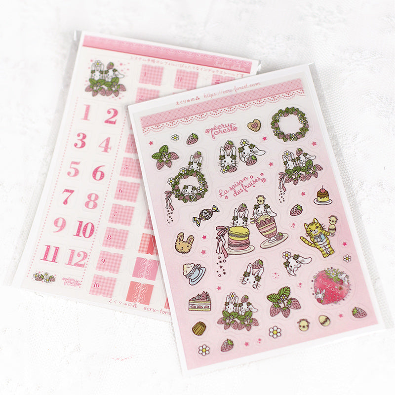 イチゴとうさぎ：シール二種類★インデックスシール・透明シール ピンク★イチゴの季節シリーズ システム手帳に 手帳デコ コラージュ ステッカー 手帳とお揃い うさぎ・垂れ耳うさぎ