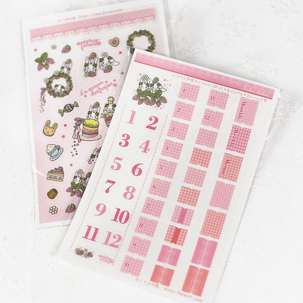 イチゴとうさぎ：シール二種類★インデックスシール・透明シール ピンク★イチゴの季節シリーズ システム手帳に 手帳デコ コラージュ ステッカー 手帳とお揃い うさぎ・垂れ耳うさぎ