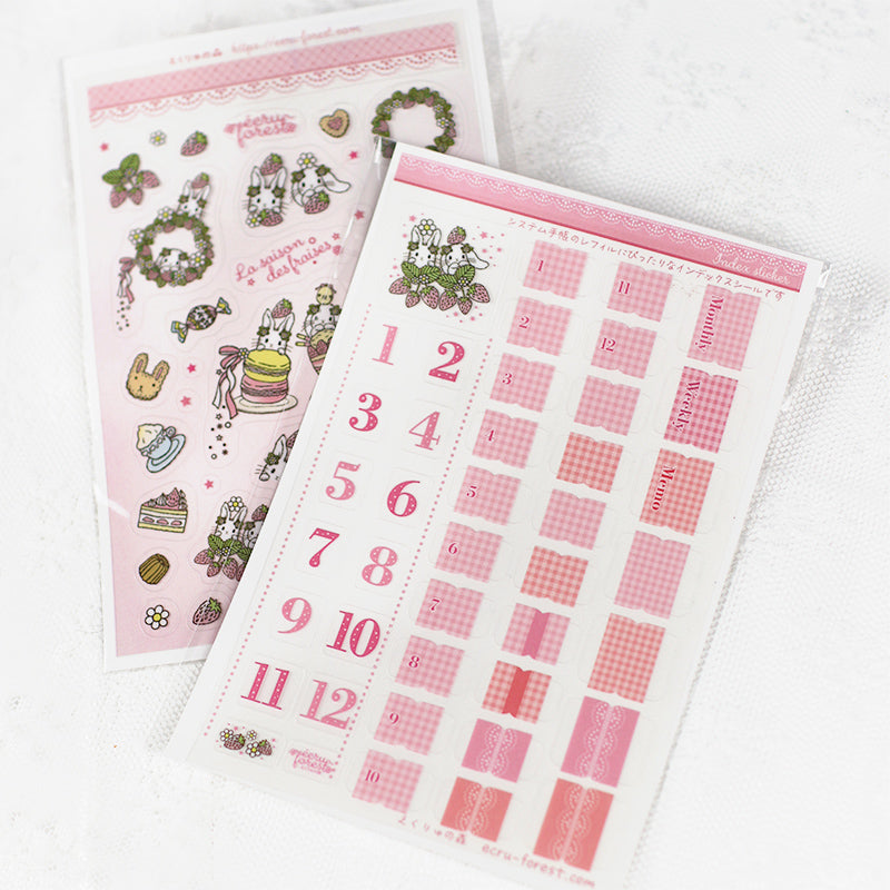 イチゴとうさぎ：シール二種類★インデックスシール・透明シール ピンク★イチゴの季節シリーズ システム手帳に 手帳デコ コラージュ ステッカー 手帳とお揃い うさぎ・垂れ耳うさぎ