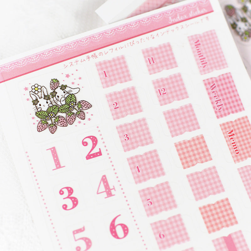 イチゴとうさぎ：シール二種類★インデックスシール・透明シール ピンク★イチゴの季節シリーズ システム手帳に 手帳デコ コラージュ ステッカー 手帳とお揃い うさぎ・垂れ耳うさぎ