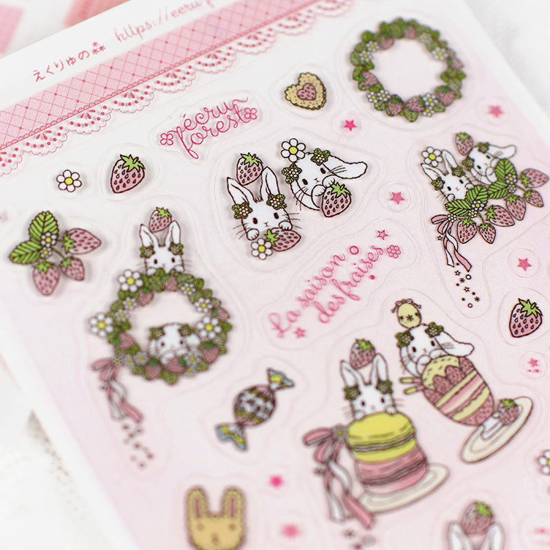 イチゴとうさぎ：シール二種類★インデックスシール・透明シール ピンク★イチゴの季節シリーズ システム手帳に 手帳デコ コラージュ ステッカー 手帳とお揃い うさぎ・垂れ耳うさぎ
