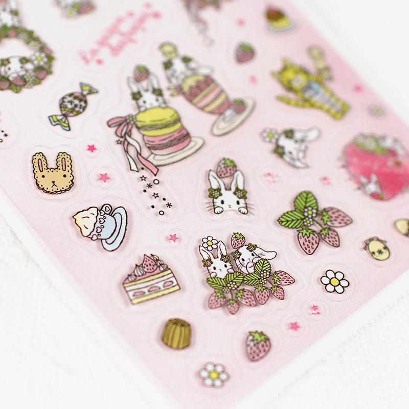 イチゴとうさぎ：シール二種類★インデックスシール・透明シール ピンク★イチゴの季節シリーズ システム手帳に 手帳デコ コラージュ ステッカー 手帳とお揃い うさぎ・垂れ耳うさぎ