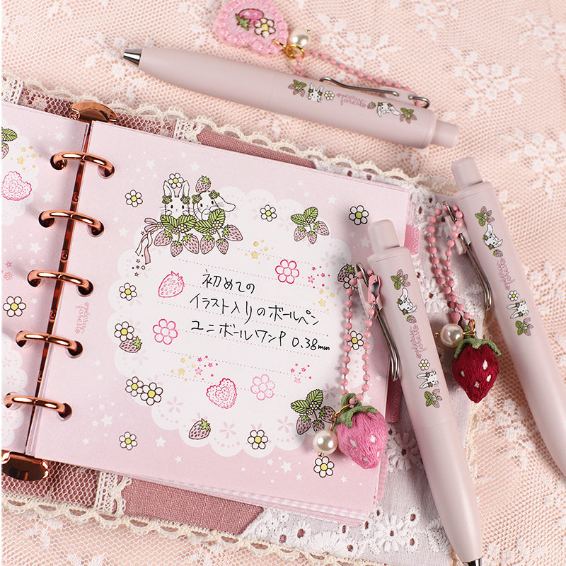 刺繍チャーム付き☆ボールペン【ユニボールワン P】0.38mm ピンク もも