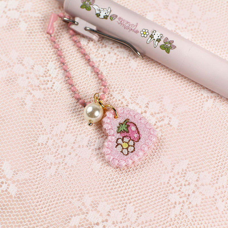 刺繍チャーム付き☆ボールペン【ユニボールワン P】0.38mm ピンク もも