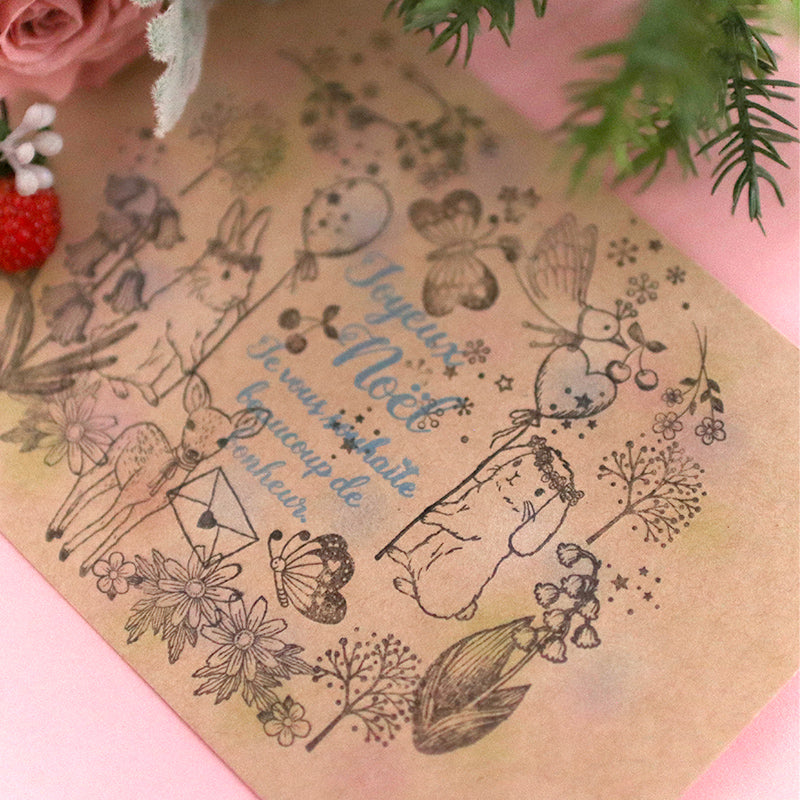 羽ばたく小鳥 口ばしにはバスケットやお花も似合う えくりゅの森　花祭りシリーズ 年賀状・クリスマス母の日カード ポストカードにも はんこ 手帳付箋　カード作り