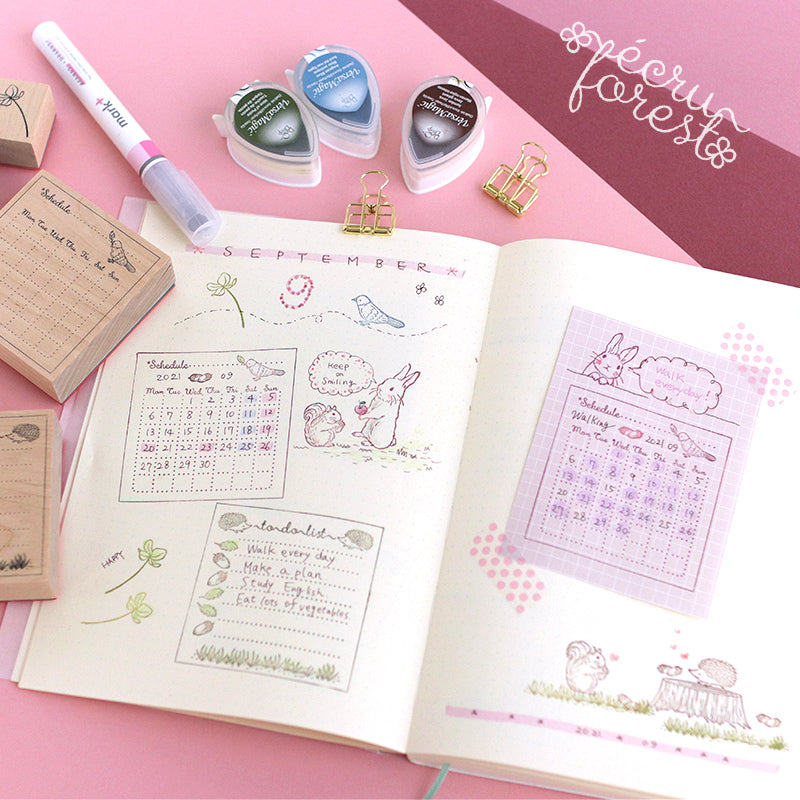 【スタンプセット】手帳 付箋はんこ　スケジュールスタンプ：月間・週間カレンダー・やることリスト　ToDoList ＋かわいい動物はんこ9点 うさぎ小鳥ハリネズミ　えくりゅの森　ecruforest